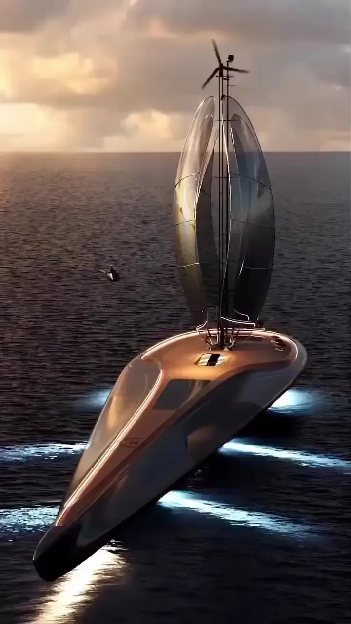there is a boat that is floating in the water with a wind turbine on top -AI